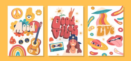 Illustration for Colorful Banners Featuring Iconic Hippie Items Such As Peace Sign, Flowers, Ufo, Rainbow And Psychedelic Motifs, Celebrating The Vibrant And Free-spirited Era Of The 1960s. Cartoon Vector Illustration - Royalty Free Image