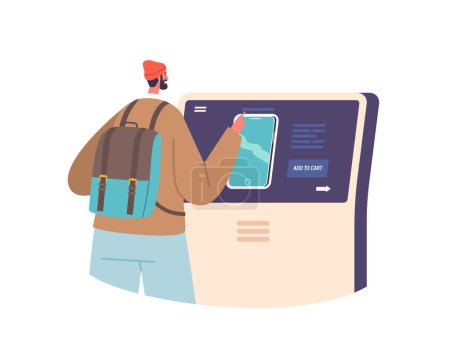 Illustration for Male Character Uses Terminal To Purchase Smartphone. Man Selects Desired Model, Enters Payment Information, And Completes Transaction Securely And Efficiently. Cartoon People Vector Illustration - Royalty Free Image