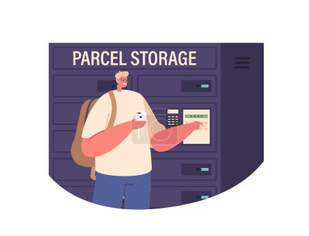 Illustration for Male Character Uses Terminal For Secure And Convenient Parcel Storage. Man Enter Pin Code, Ensuring Efficient Delivery Of Packages In A Streamlined And Organized Manner. Cartoon Vector Illustration - Royalty Free Image