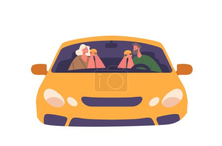 Téléchargez les illustrations : Couple appréciant Burgers en voiture, sourires et rires comme ils partagent un repas. Les doigts tachés de graisse et les expressions de contenu capturent un moment de convivialité simple et joyeux. Illustration vectorielle de bande dessinée - en licence libre de droit