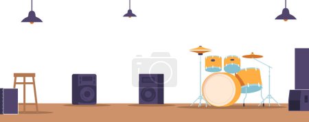 Illustration for Empty Stage With Drum Kit, Stool and Dynamics Poised For A Mesmerizing Performance. Anticipation Fills The Air, Awaiting The Rhythmic Beats And Electrifying Melodies To Come Alive. Vector Illustration - Royalty Free Image