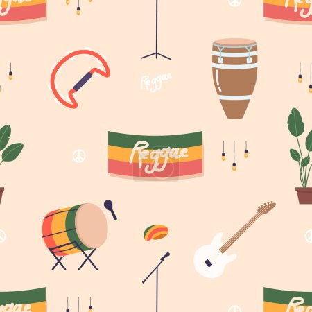 Illustration for Vibrant Seamless Pattern Featuring Reggae Music Elements Such As Guitars, Drums, And Rastafarian Symbols, Creating A Lively And Rhythmic Design For Creative Music Projects. Cartoon Vector Illustration - Royalty Free Image