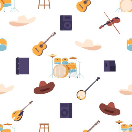 Ilustración de Patrón sin costuras con elementos icónicos de música country como guitarras, sombreros vaqueros y dinámica. Kit de tambor, Banjo o Mandolín y Taburete, Creación de azulejos de diseño repetido. Ilustración de vectores de dibujos animados - Imagen libre de derechos