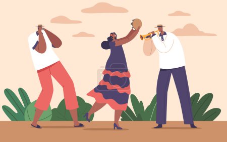 Illustration for Latino Musician Characters Infuse Vibrant Rhythms And Melodies, Reflecting Their Rich Cultural Heritage. Creative Artists Playing Harmonica, Trumpet and Tambourine. Cartoon People Vector Illustration - Royalty Free Image