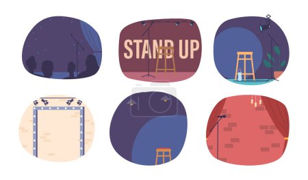 Illustration for Set of Isolated Standup Show Stages. Elevated Platform For Comedians Or Performers To Entertain An Audience, Scenes With Microphones, Spotlights And Minimalistic Backdrops. Cartoon Vector Illustration - Royalty Free Image