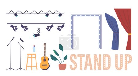 Illustration for Set Of Standup Comedy Icons Depicting A Microphone, Guitar, Stool, Curtains and Spotlight for Comedian Performance. Vibrant Elements Of Standup Comedy And Entertainment. Cartoon Vector Illustration - Royalty Free Image