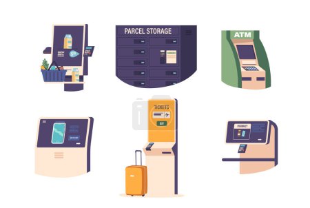 Illustration for Self-service Terminals Allow Customers To Complete Transactions Independently, Such As Buying Goods, Checking Out At Store, Keep Parcels Or Accessing Information At Kiosk. Cartoon Vector Illustration - Royalty Free Image