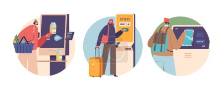 Illustration for Isolated Round Icons with Male and Female Characters Use Self Service Terminals. People Buying Electronic Devices, Food and Tickets in Airports, Modern Technology Concept. Cartoon Vector Illustration - Royalty Free Image