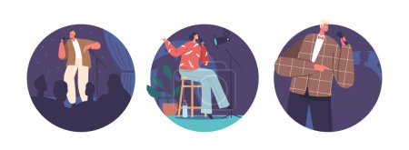 Illustration for Isolated Round Icons or Avatars of Comedian Characters Perform Stand-up Comedy By Delivering Humorous Anecdotes, Observations, And Jokes To Entertain Audiences. Cartoon People Vector Illustration - Royalty Free Image
