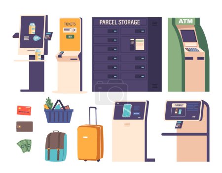 Illustration for Self-service Terminals and Items Isolated Icons Set. Digital Electronic Devices for Buying Goods, or Tickets, Checking Out At Store, Keep Parcels Or Accessing Information. Cartoon Vector Illustration - Royalty Free Image