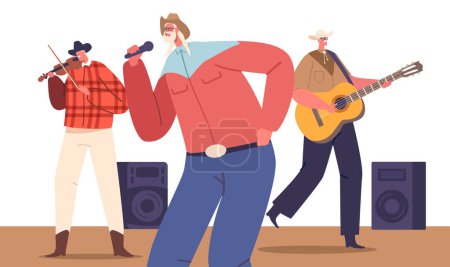 Téléchargez les illustrations : Musiciens country sur scène Exude Raw Emotion And Authenticity, captivant le public avec des paroles sincères, des mélodies et des performances émouvantes qui transportent les auditeurs au cœur de la musique américaine - en licence libre de droit
