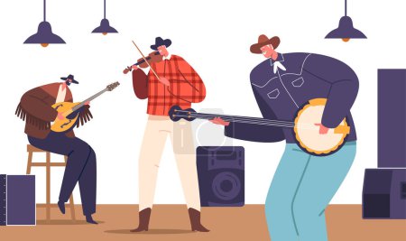 Illustration for Country Musicians On Stage Exude Raw Emotion Through Twangy Vocals And Skilled Playing. Cowboy Hats And Boots Add To The Authentic, Down-to-earth Atmosphere, Captivating Audiences With Performance - Royalty Free Image