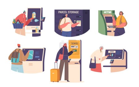 Illustration for Characters Use Terminals, Electronic Devices Used For Transactions, Communication And Data Processing. Found In Banks, Airports, And Retail Stores, They Facilitate Various Tasks And Operations, Vector - Royalty Free Image