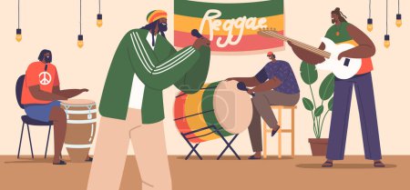 Téléchargez les illustrations : Des musiciens de reggae dynamiques captivent la foule sur scène. Personnages d'artistes se balançant au rythme, délivrant des mélodies âmes et répandant des vibrations rastafariennes positives. Illustration vectorielle des personnages de bande dessinée - en licence libre de droit