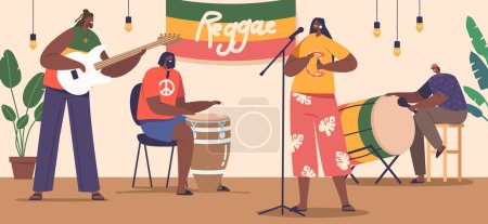 Téléchargez les illustrations : Les musiciens de reggae sur scène dégagent une énergie vibrante avec leurs mouvements rythmiques et leurs vocaux émouvants, captivant le public avec leurs grooves iconiques et leurs vibrations positives. Illustration vectorielle des personnages de bande dessinée - en licence libre de droit