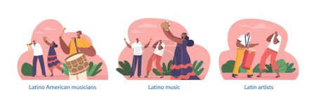 Téléchargez les illustrations : Des éléments isolés avec des personnages latino-américains créent des rythmes et des mélodies vibrants, mélangeant salsa, reggaeton et genres mariachis pour captiver le public. Illustration vectorielle des personnages de bande dessinée - en licence libre de droit