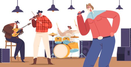 Ilustración de Country Musicians On Stage Exude Raw Emotion, Strumming Guitars And Crooning Heartfelt Lyrics (en inglés). Sombreros de vaquero, mezclilla y encanto rústico crean un rendimiento auténtico y cautivador. Ilustración vectorial - Imagen libre de derechos