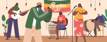 Téléchargez les illustrations : Musiciens de reggae Exudent l'énergie infectieuse sur scène, oscillant aux battements rythmiques, engageant la foule avec des mélodies âmes, et répandant des vibrations positives par des performances puissantes. Illustration vectorielle - en licence libre de droit