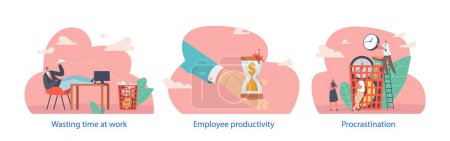 Ilustración de Elementos aislados con personajes realizan escenas de productividad de los empleados, se refiere a la eficiencia y la salida de las tareas realizadas por los trabajadores dentro de un plazo dado, lo que afecta el éxito organizacional - Imagen libre de derechos