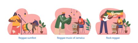 Illustration for Isolated Elements with Reggae Musicians Playing on Stage. Band Exude Infectious Energy, Swaying To Rhythmic Beats, Engaging The Crowd With Positive Vibes Through the Performance. Vector Illustration - Royalty Free Image