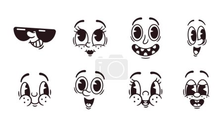 Illustration for Retro Cartoon Emoji Set, Nostalgic Collection Of Vintage-inspired Emoticons. Cool Face in Sunglasses, Smile and Surprised Cheeky Faces, Personages for Digital Conversations. Vector Illustration - Royalty Free Image