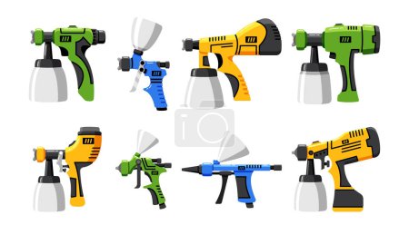 Illustration for Set of Spray Guns. Handheld Devices Used For Spraying Liquids, Like Paint Or Pesticides, Onto Surfaces. It Atomizes The Liquid Into Fine Droplets For Even Coverage. Cartoon Vector Illustration - Royalty Free Image