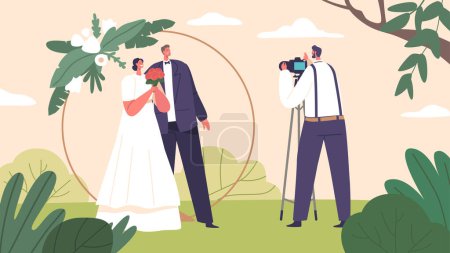 Illustration for Romantic Couple Characters at Wedding Photo Shoot Capturing Love, Joy, And Moments Of Pure Bliss. Beautifully Posed And Candid Shots That Immortalize Special Day. Cartoon People Vector Illustration - Royalty Free Image