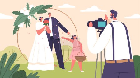 Illustration for Blissful Bride And Groom Characters Strike Elegant Poses, Capturing Love And Joy In Their Wedding Photos at Garden, Creating Cherished Memories Of Their Special Day. Cartoon People Vector Illustration - Royalty Free Image