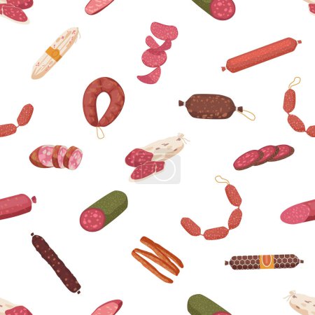 Illustration for Seamless Pattern Featuring Delicious Sausages Arranged In A Playful And Appetizing Design For Food-related Projects. Quirky Creative Tile Background with Delicatessen. Cartoon Vector Illustration - Royalty Free Image