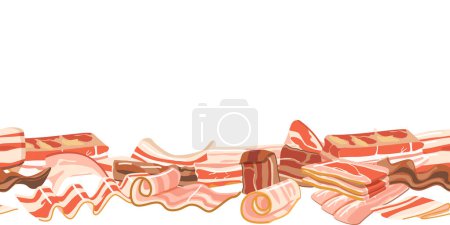 Illustration for Bacon-themed Seamless Pattern Featuring Crisp Strips And Savory Designs, Horizontal Border, Wallpaper, Tile Background or Decorations with Appetite-inducing Products. Cartoon Vector Illustration - Royalty Free Image