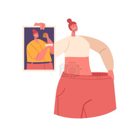 Illustration for Confident Woman Proudly Wearing Oversized Pants. Fit Female Character Displaying A Picture Of Her Former Self Before Her Remarkable Weight Loss Journey. Cartoon People Vector Illustration - Royalty Free Image