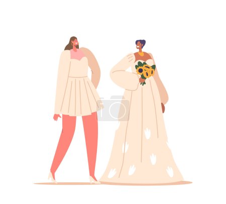 Illustration for Beautiful Stylish Brides In Elegant Short and Long Dresses Isolated On White Background. Female Characters In Fashioned Gowns For Wedding and Marriage Ceremony. Cartoon People Vector Illustration - Royalty Free Image