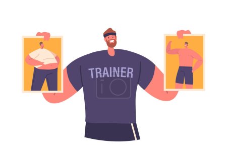 Illustration for Fit Male Character Displays Transformation From Before Weight Loss To After, Man Showcasing Impressive Physical Progress And Dedication To Fitness Journey. Cartoon People Vector Illustration - Royalty Free Image