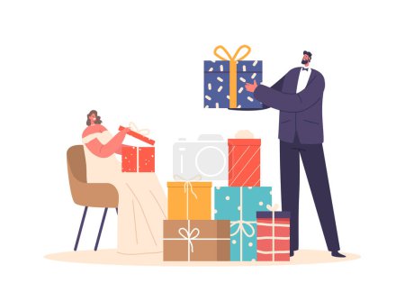 Illustration for Newlywed Characters Eagerly Unwrap Gifts Sharing Joyful Moments As They Reveal Thoughtful Presents From Loved Ones, Creating Cherished Memories Of Their Special Day. Cartoon People Vector Illustration - Royalty Free Image