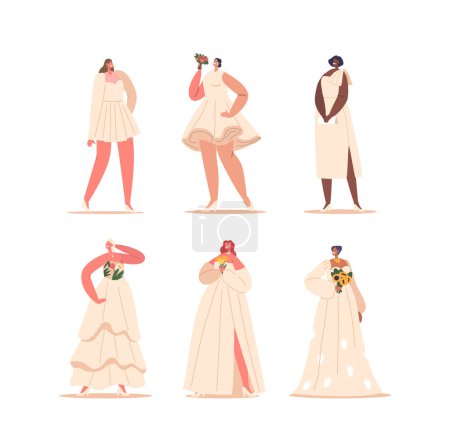 Illustration for Brides Don Various Dresses, Traditional Gowns Exuding Elegance, Modern Designs Reflecting Sophistication, And Cultural Attire Showcasing Diversity, Each Uniquely Complementing Their Special Day - Royalty Free Image