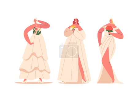 Illustration for Beautiful Brides wear Elegant Outfits for Wedding Ceremony. Female Characters in Long Dresses with Flower Bouquets in Hands. Outfits Fashion for Modern Women. Cartoon People Vector Illustration - Royalty Free Image
