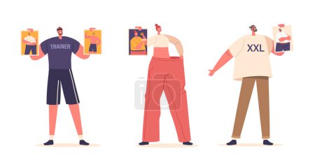 Illustration for Characters Before and After Weight Loss Transformation, Boosting Confidence And Well-being. Physical And Mental Changes Inspire Healthier Lifestyles, And Improved Self-image. Vector Illustration - Royalty Free Image