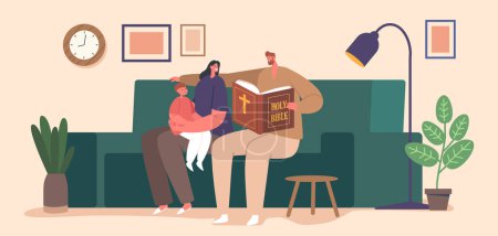 Illustration for Christian Family Characters Gathered Around, Engrossed In Reading The Bible. Their Faces Radiate Devotion And Unity, Creating A Serene And Spiritual Atmosphere. Cartoon People Vector Illustration - Royalty Free Image