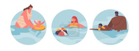 Illustration for Isolated Round Icons Perform Kid Swimming Lessons with Parents or Instructors Teach Little Children Water Safety, Basic Strokes, And Confidence In The Water. Cartoon People Vector Illustration - Royalty Free Image