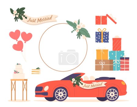 Set of Icons Related to Wedding Event. Festive Cake, Just Married Car, Heart Balloons, Gifts and Present Boxes, Elegant Round Frame Isolated on White Background. Cartoon Vector Illustration, Elements