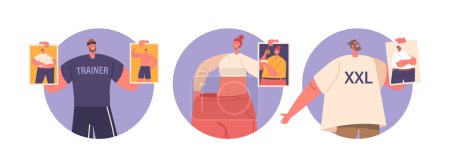 Illustration for Isolated Round Icons or Avatars with Male and Female Characters Before and After Weight Loss Transformation. People Inspire Healthier Lifestyles, And Improved Self-image. Cartoon Vector Illustration - Royalty Free Image