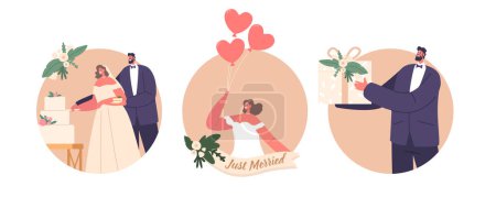 Illustration for Isolated Round Icons or Avatars of Newlywed Male and Female Characters Cutting Festive Cake, Groom Holding Gift Box, Beautiful Bride with Heart-shaped Balloons. Cartoon People Vector Illustration - Royalty Free Image