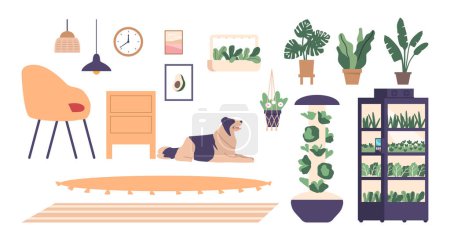 Illustration for Set of Icons with Home Interiors Items and Equipment for Cultivation Fresh Greens and Herbs Indoors. Shelf with Natural Light, Potted Plants, Dog, Furniture and Carpets. Cartoon Vector Illustration - Royalty Free Image