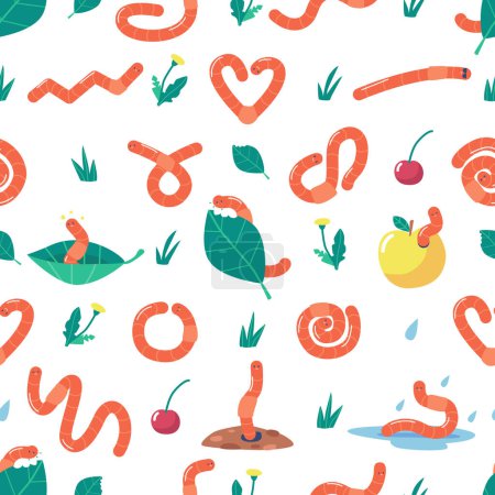 Illustration for Charming Seamless Pattern with Cute Pink Adorable Worms In Playful Poses, Adding A Whimsical And Fun Touch To Any Design. Cartoon Repeated Background, Wallpaper, Textile Ornament. Vector Illustration - Royalty Free Image