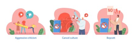 Illustration for Isolated Elements With Characters Perform Cancel Culture Scenes, Refer To The Practice Of Publicly Shaming Or Boycotting For Perceived Offensive Behavior Or Beliefs. Cartoon People Vector Illustration - Royalty Free Image