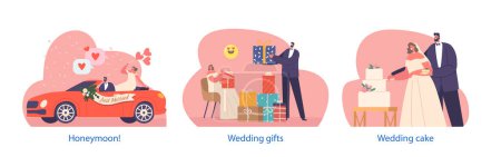 Illustration for Isolated Elements with Wedding Scenes. Newlyweds Characters Cutting Festive Cake, Driving Decorated Car with Just Married Signboard, Unwrapping Gifts or Presents. Cartoon People Vector Illustration - Royalty Free Image