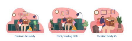 Illustration for Isolated Elements with Devoted Christian Family Gathered Together, Immersed In Bible Reading, Fostering Spiritual Connection. Parents and Children Characters Read. Cartoon People Vector Illustration - Royalty Free Image