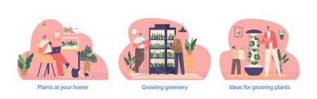 Illustration for Isolated Elements with Characters Cultivating Lush Greenery at Home, Fostering Connection With Nature, People Use Equipment for Planting Greens and Microgreens. Cartoon Vector Illustration - Royalty Free Image