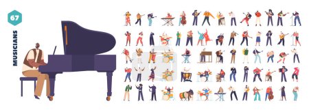 Illustration for Set of Musician Characters Playing Grand Piano, Guitar, Banjo and Saxophone. Singing with Microphone, Cartoon People Perform on Harmonica, Trumpet or Maracas, Drum or Cello. Vector Illustration - Royalty Free Image