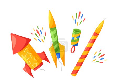 Illustration for Pyrotechnics, Fireworks and Petards, Isolated Explosive Devices Designed To Create Dazzling Displays Of Light, Color, And Sound. Used In Celebrations And Entertainment. Cartoon Vector Illustration - Royalty Free Image